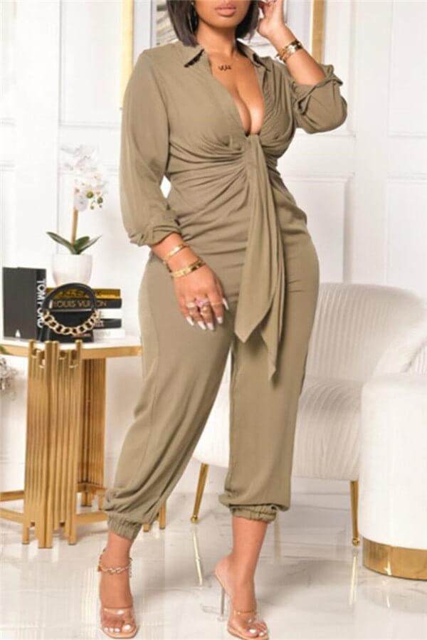 Sexy V Neck Solid Color Plus Size Jumpsuit