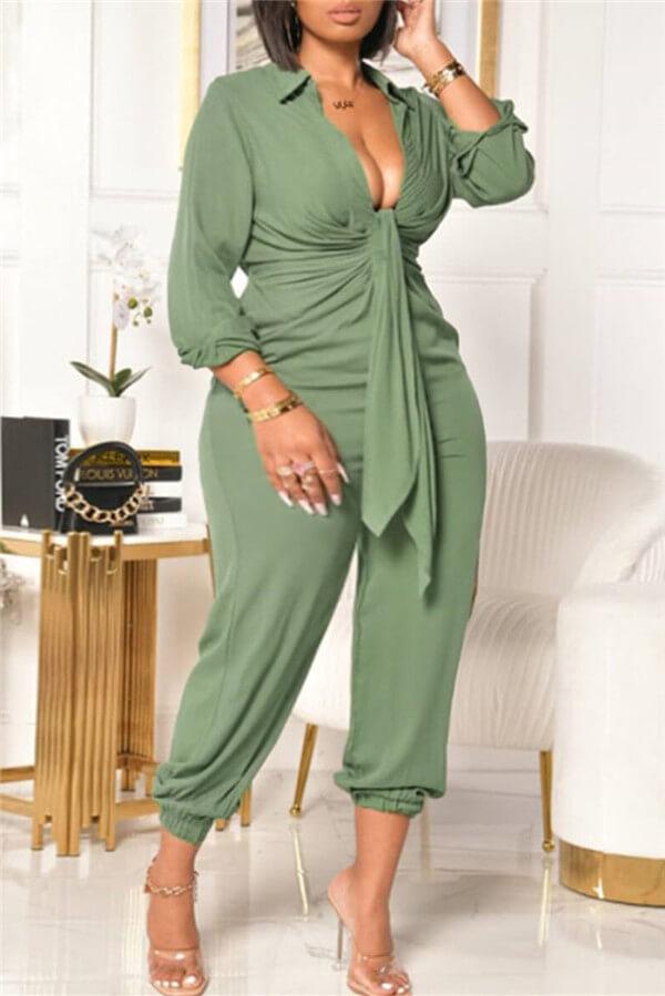 Sexy V Neck Solid Color Plus Size Jumpsuit