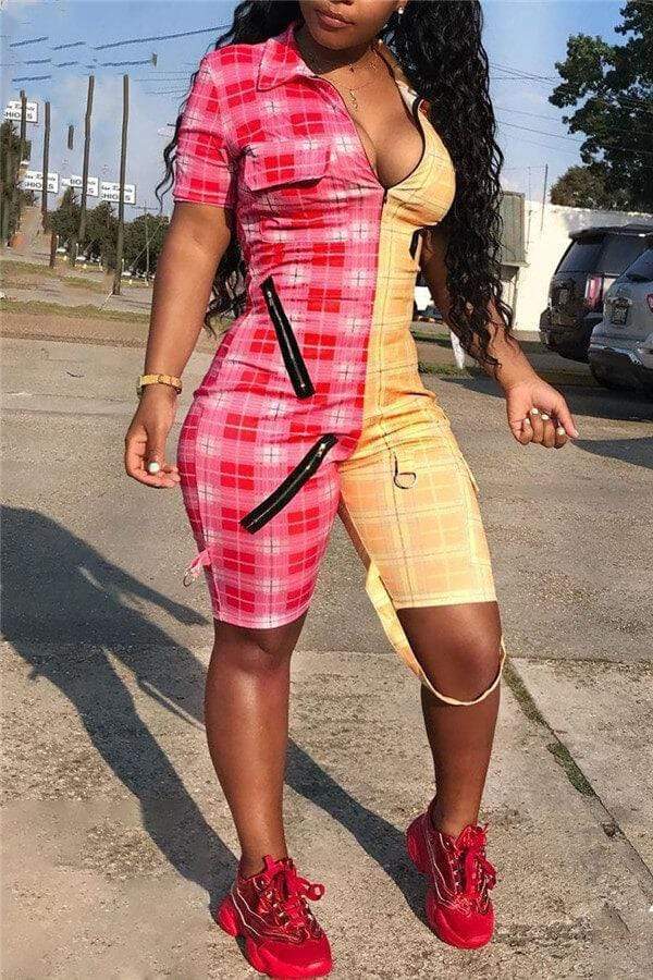 Street Plaid Print Zipper Patchwork Romper