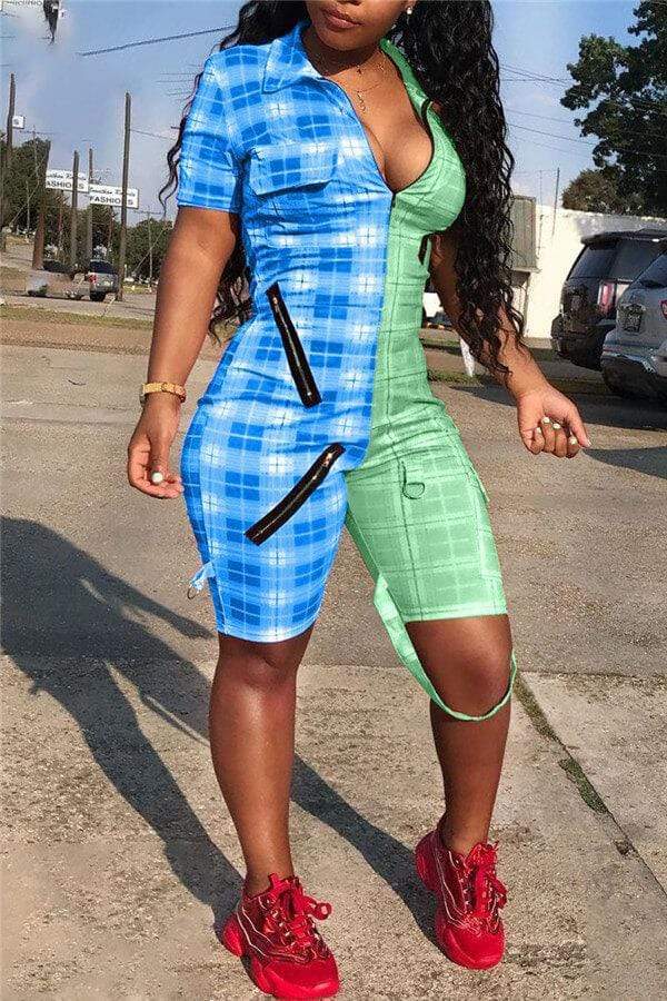 Street Plaid Print Zipper Patchwork Romper